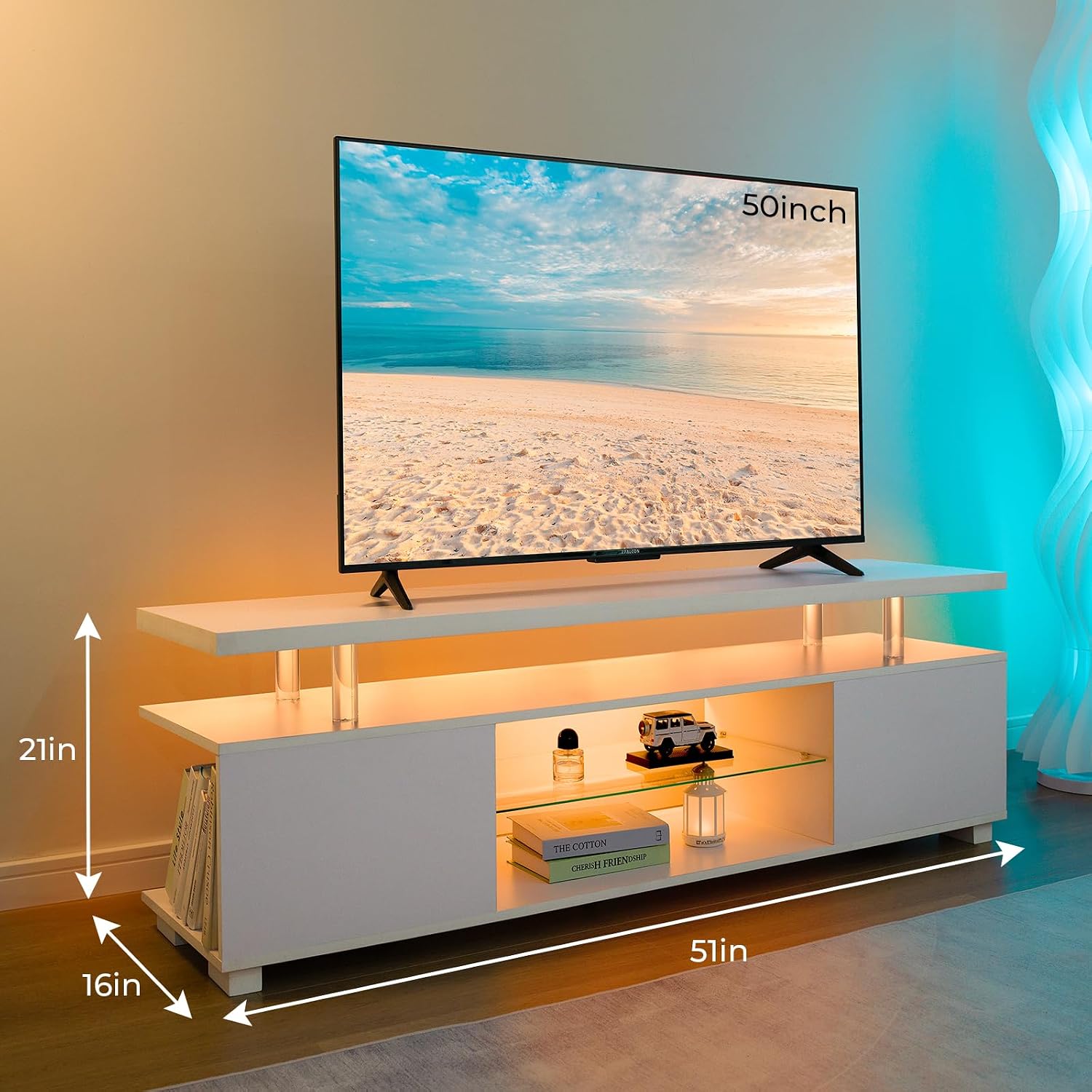 White LED TV Stand Entertainme - Gaming Console Entertainment Center ulasan dan harga