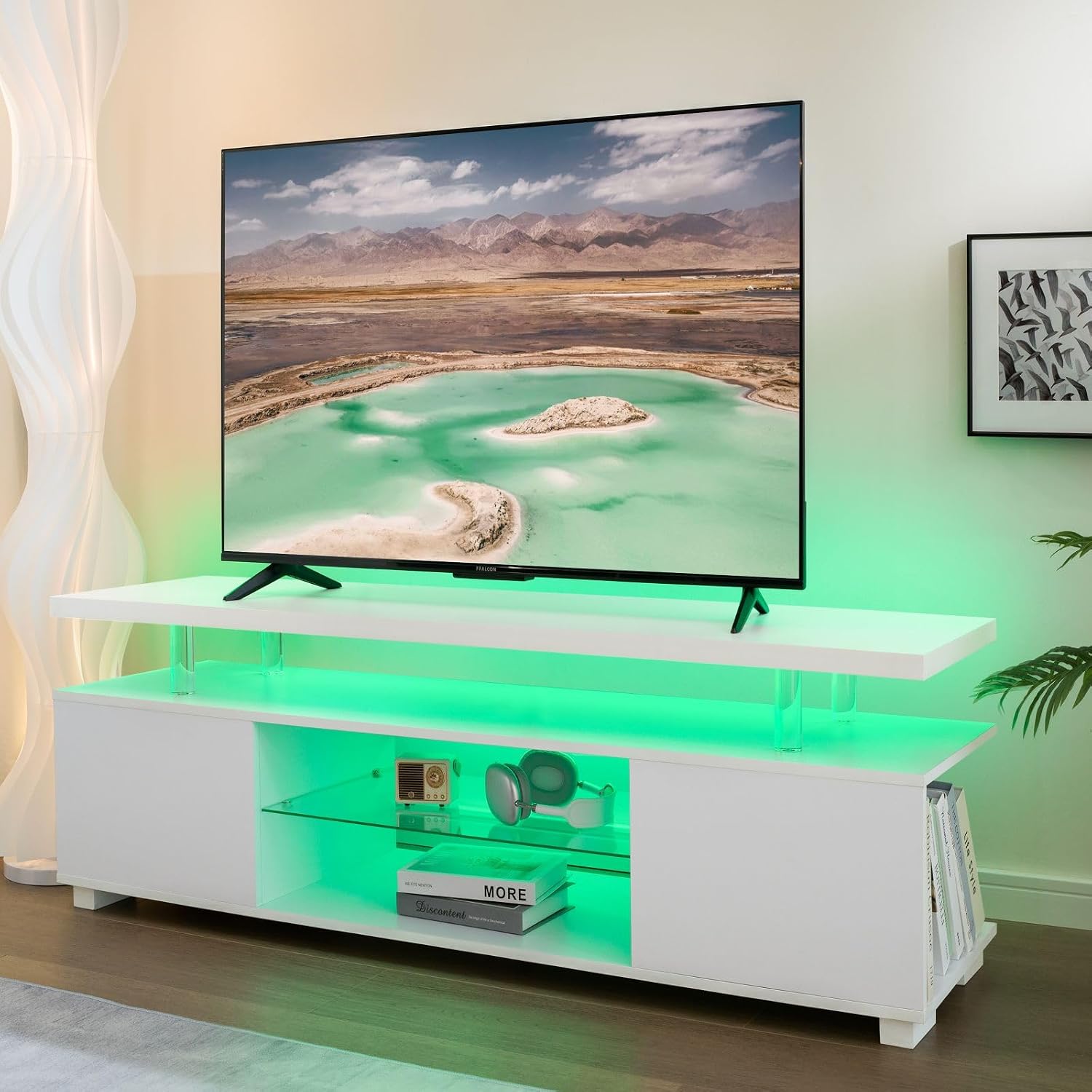 White LED TV Stand Entertainme - Gaming Console Entertainment Center ulasan dan harga