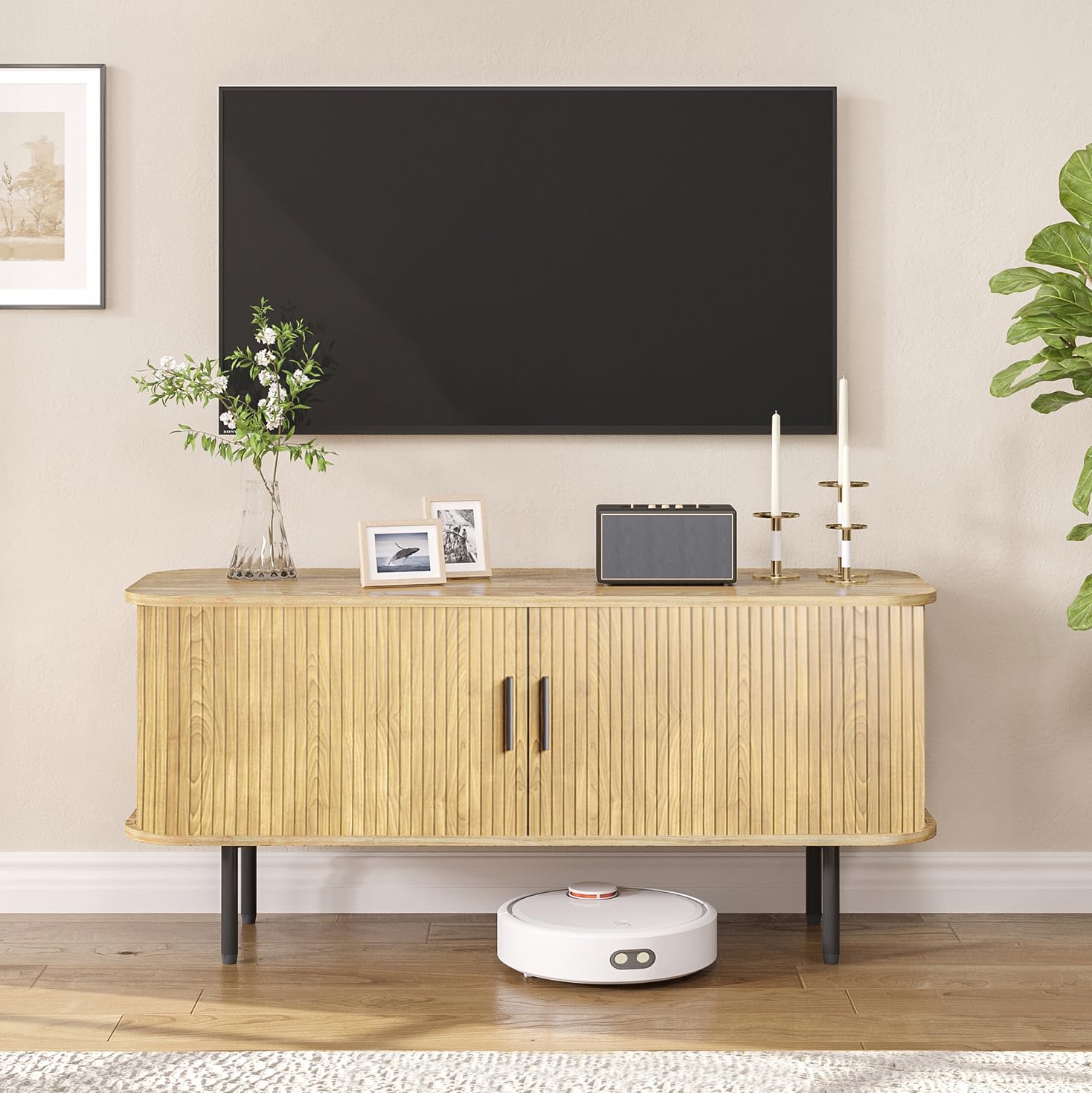Natural Fluted TV Stand for 60 - Gaming Console Entertainment Center ulasan dan harga