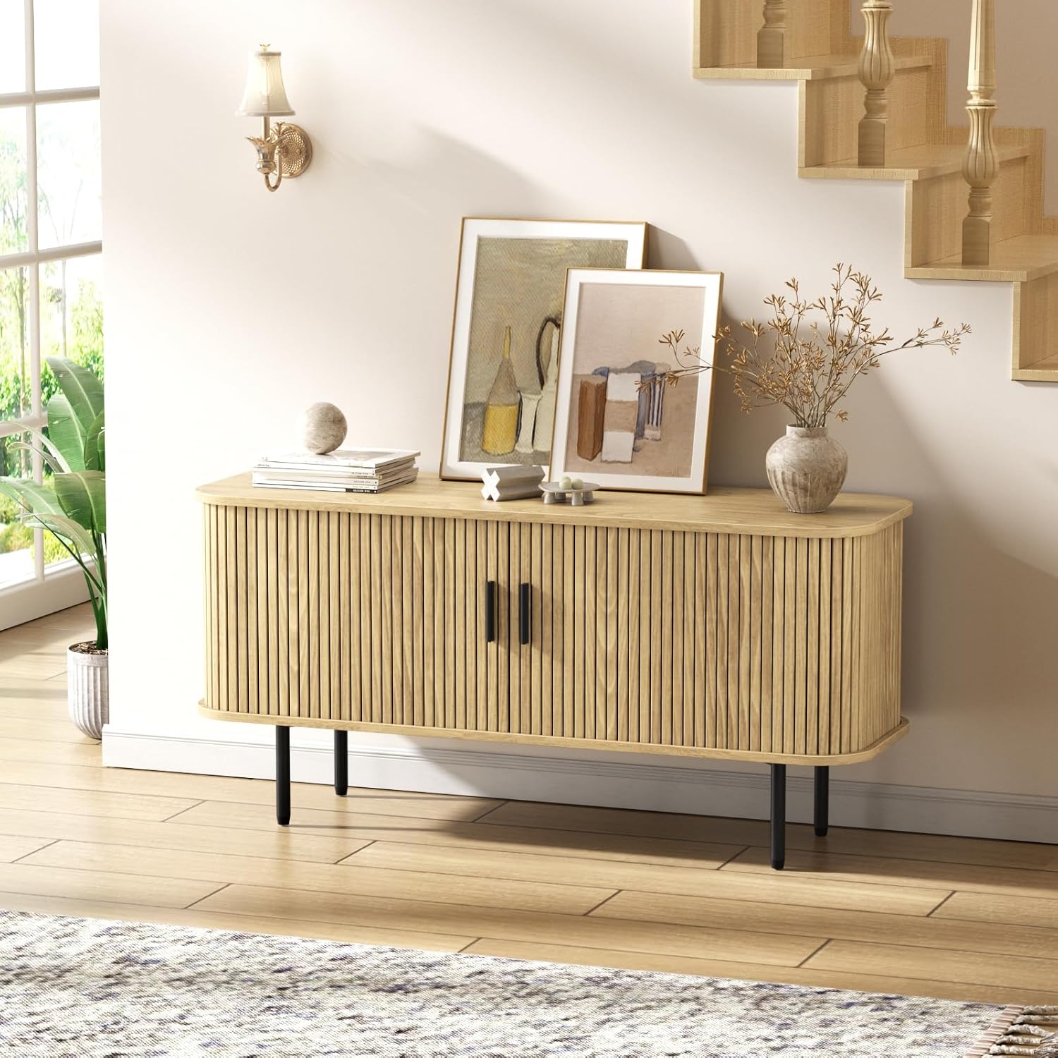 Natural Fluted TV Stand for 60 - Gaming Console Entertainment Center ulasan dan harga