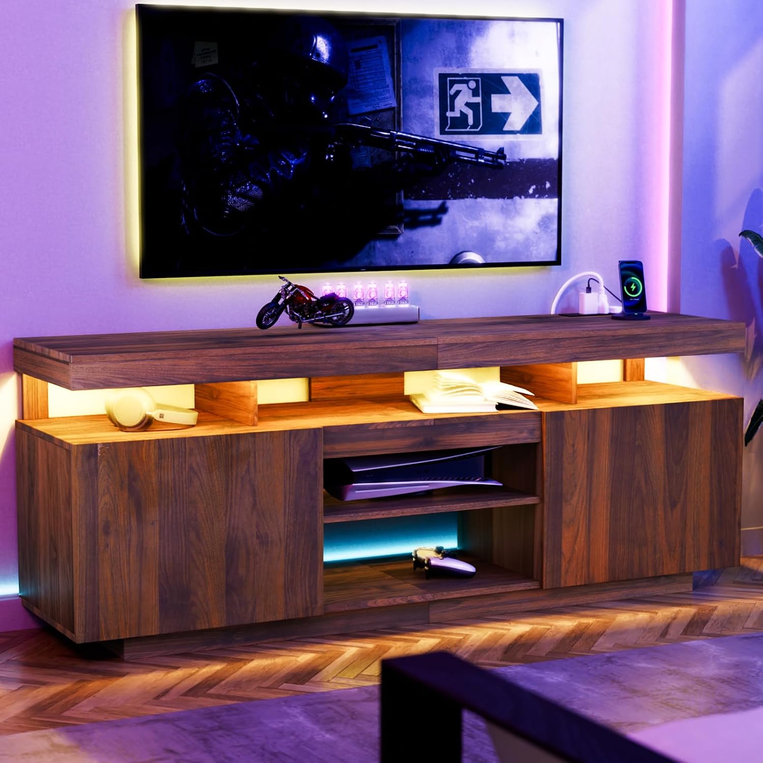 LED TV Stand with Power Outlet - Gaming Console Entertainment Center ulasan dan harga